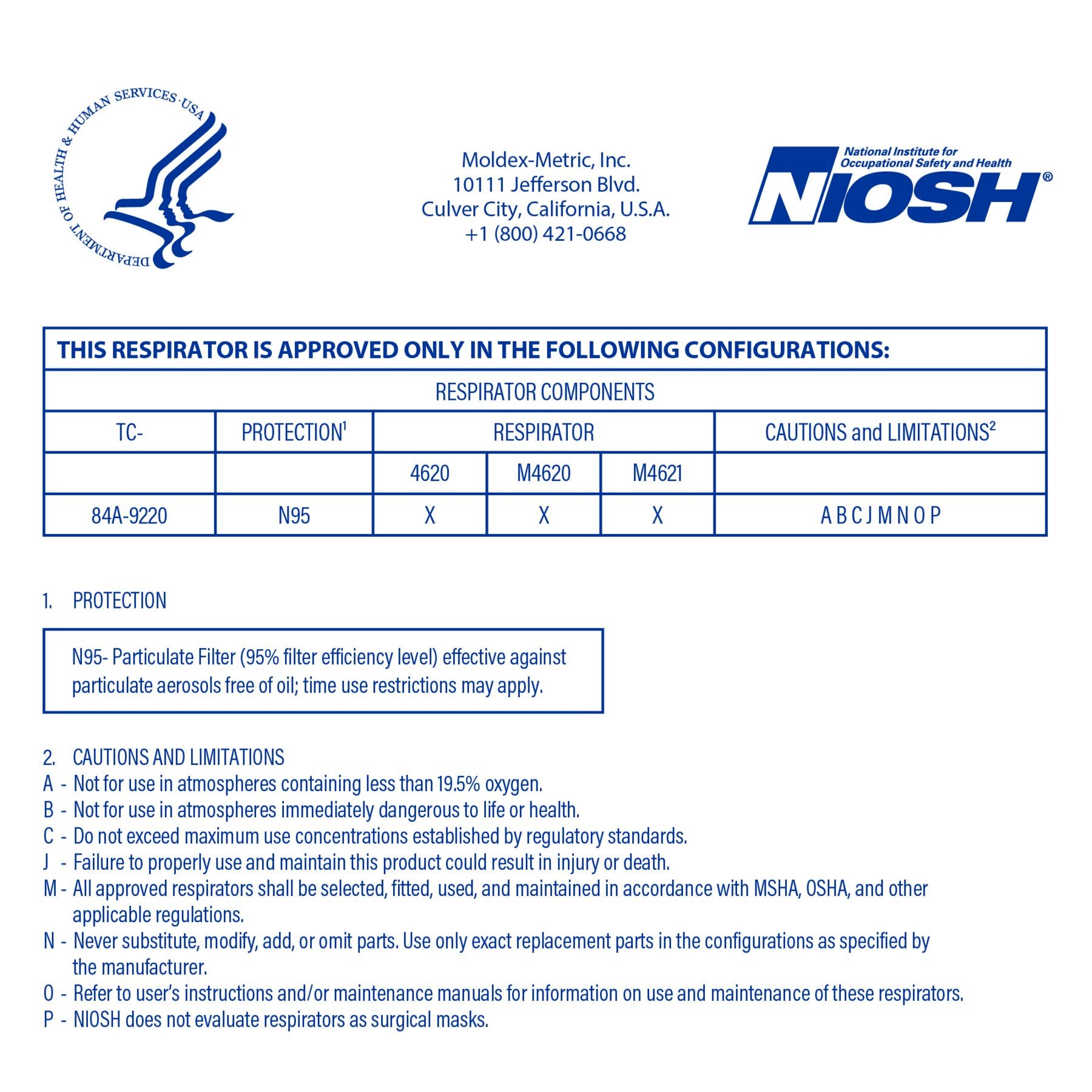 Moldex 4620 M4620 M4621 NIOSH N95 Listing