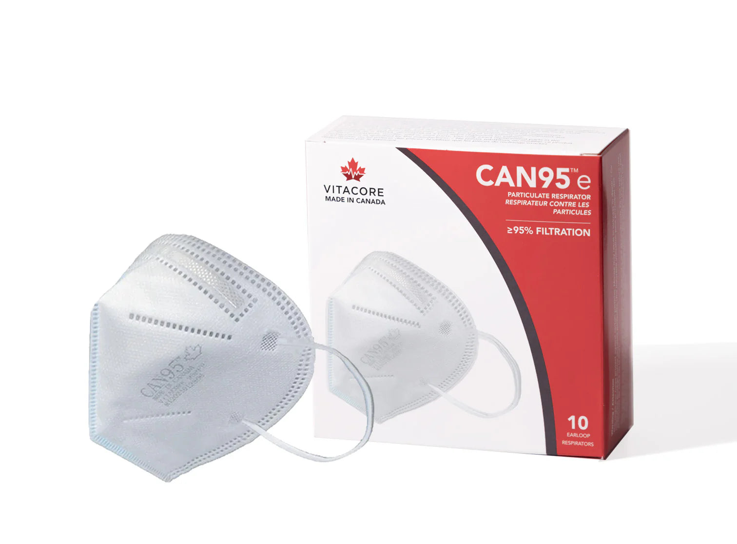 Vitacore White CAN95e earloop respirator mask at Canada Strong Masks