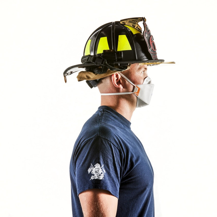 Canadian firefighter wearing Draeger 1950 NIOSH N95 for wildfire smoke respirator half mask disposable